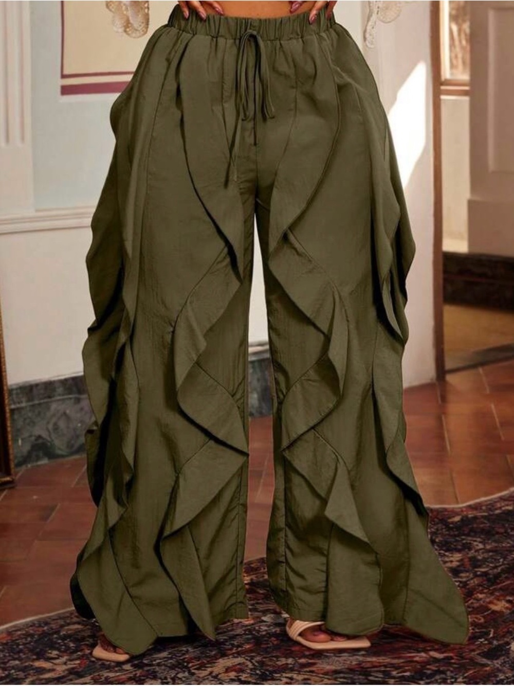 SHEIN Olive Green Ruffle Wide-Leg Pants (Size 12)